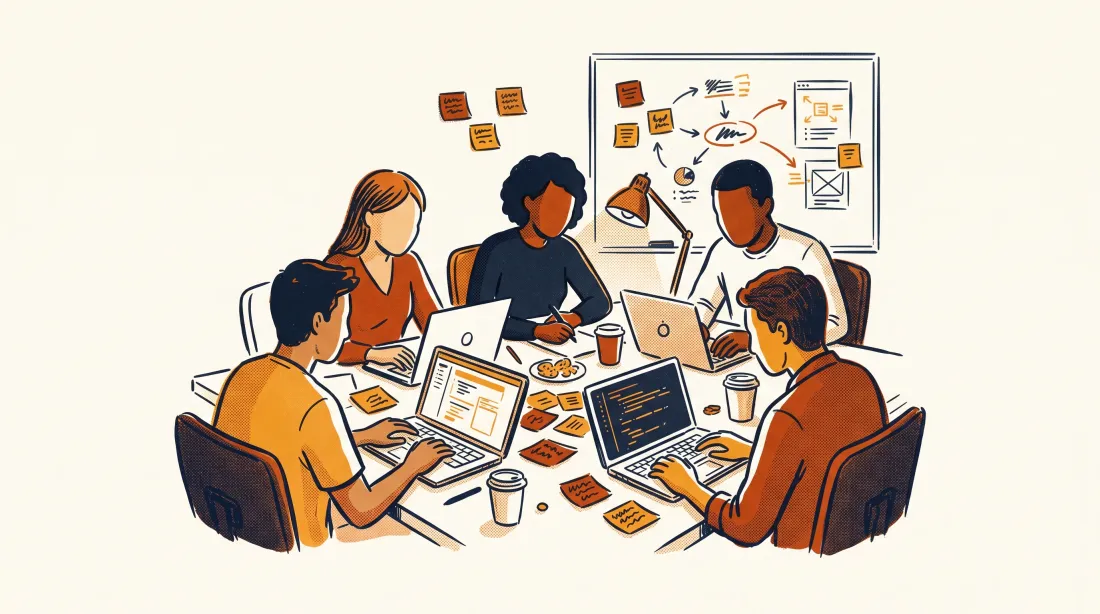 Editorial risograph illustration of a mixed startup team working together at a hackathon around laptops.
