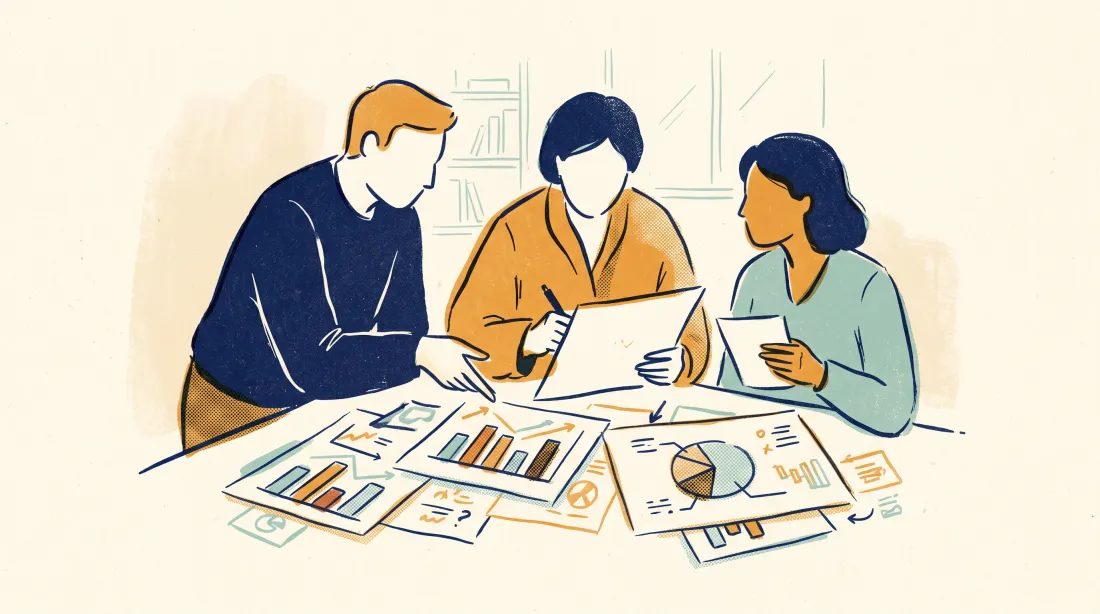 Editorial risograph illustration of an operations team watching AI-spend savings land on a live cost dashboard.