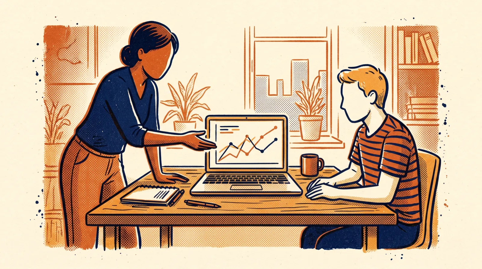 Editorial risograph illustration of a small founding team collaborating over laptops and a dashboard, shipping their first production AI system.